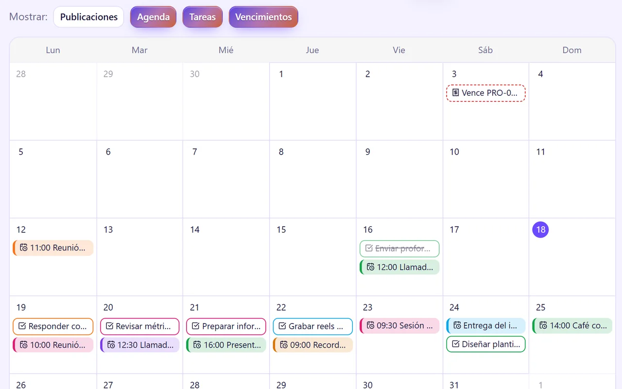 Calendario del mes con reuniones, llamadas, tareas y vencimientos