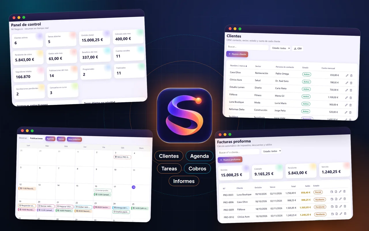 Mistereia Social Studio: panel, clientes, calendario y proformas en una sola app para Windows