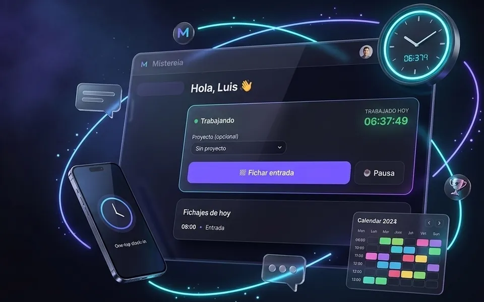 Panel de Control Horario con fichaje de un toque, móvil, reloj y cuadrante de turnos