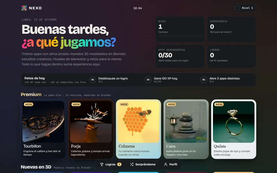 NEXO, lanzador de 30 apps y juegos web con juegos 3D, XP, niveles y logros
